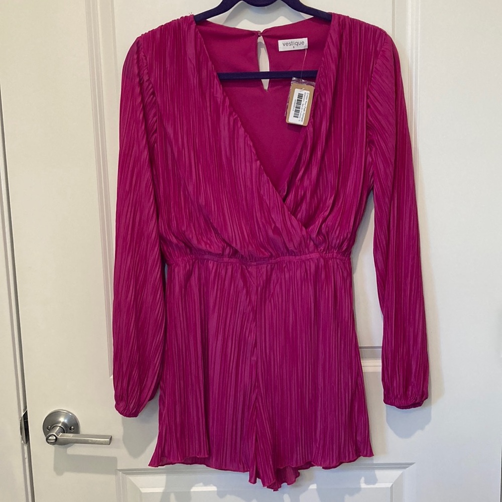 vestique Fuchsia Pleated Long-Sleeve Romper